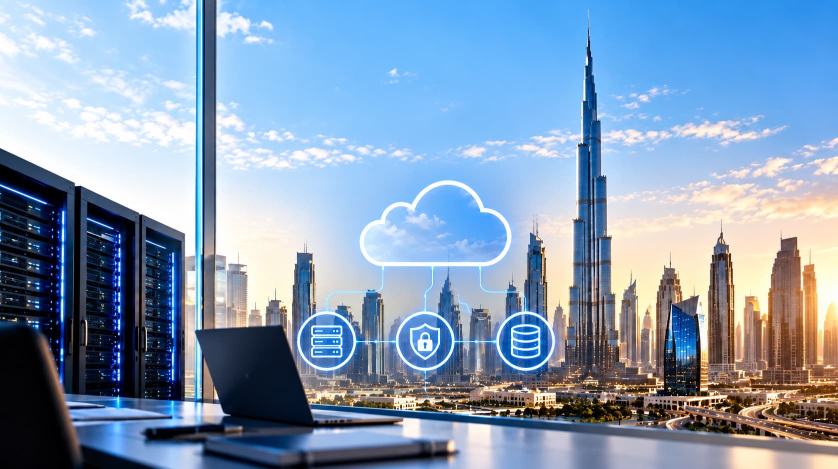 Server racks and a laptop overlooking the Dubai skyline, with cloud, security and data icons