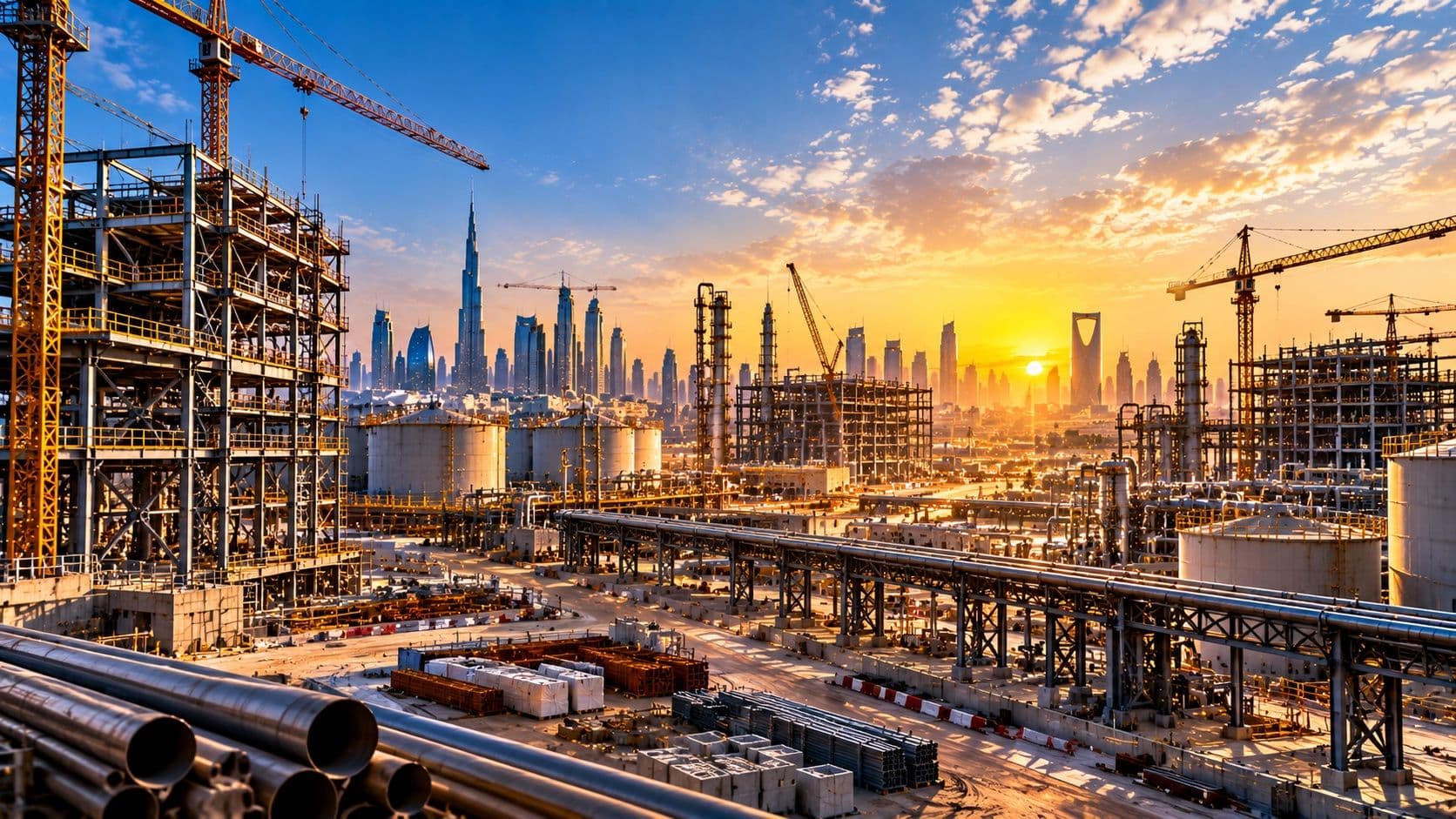Large infrastructure construction site with tower cranes and pipe racks at sunset, a Gulf skyline behind