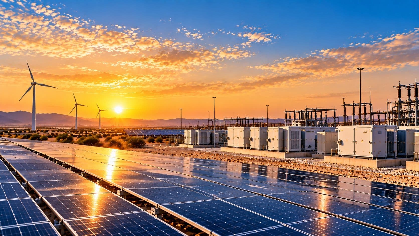 Solar array, battery storage units and wind turbines in the desert at sunset