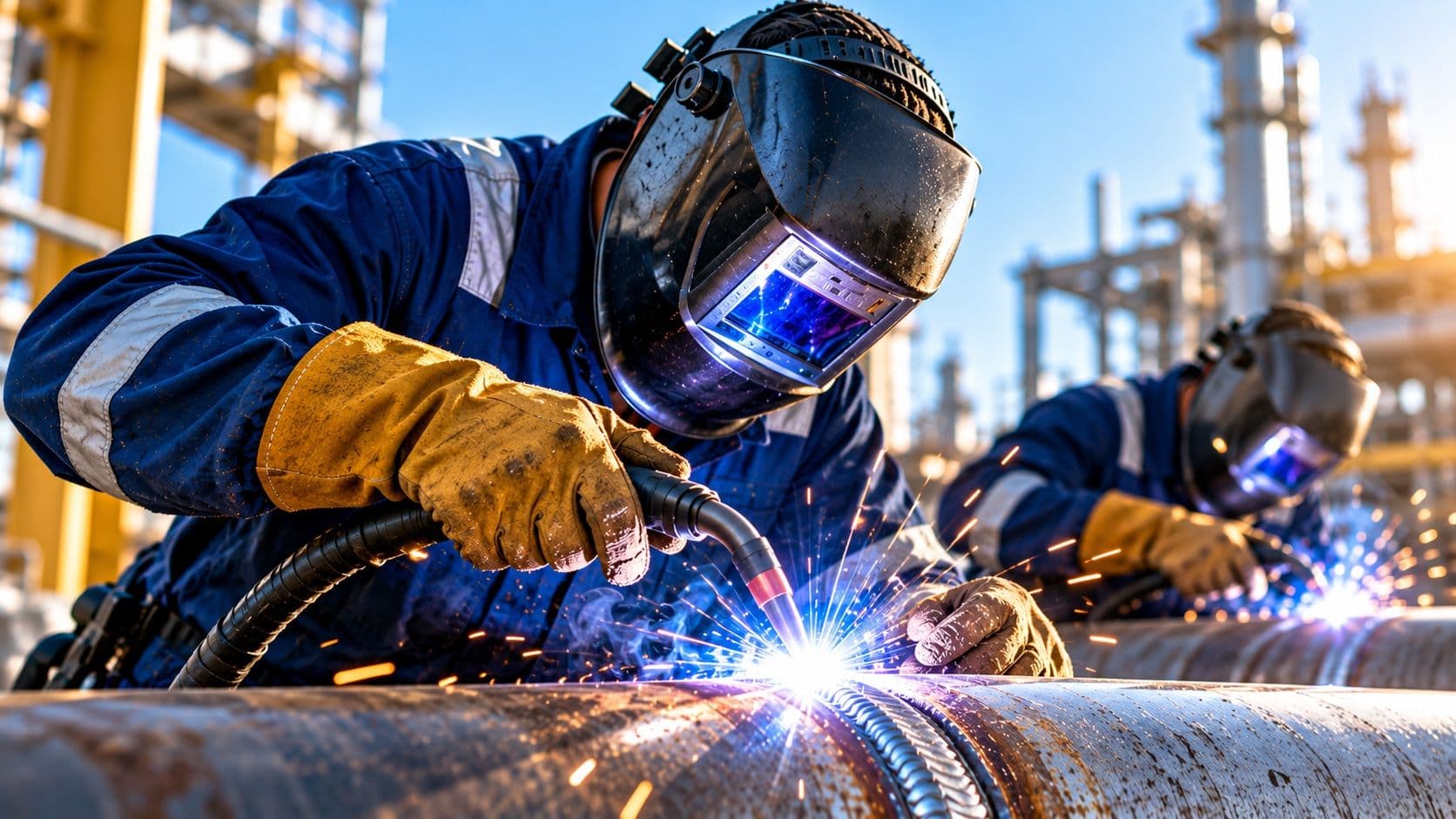 Two welders in helmets and gloves welding steel pipe at an industrial plant