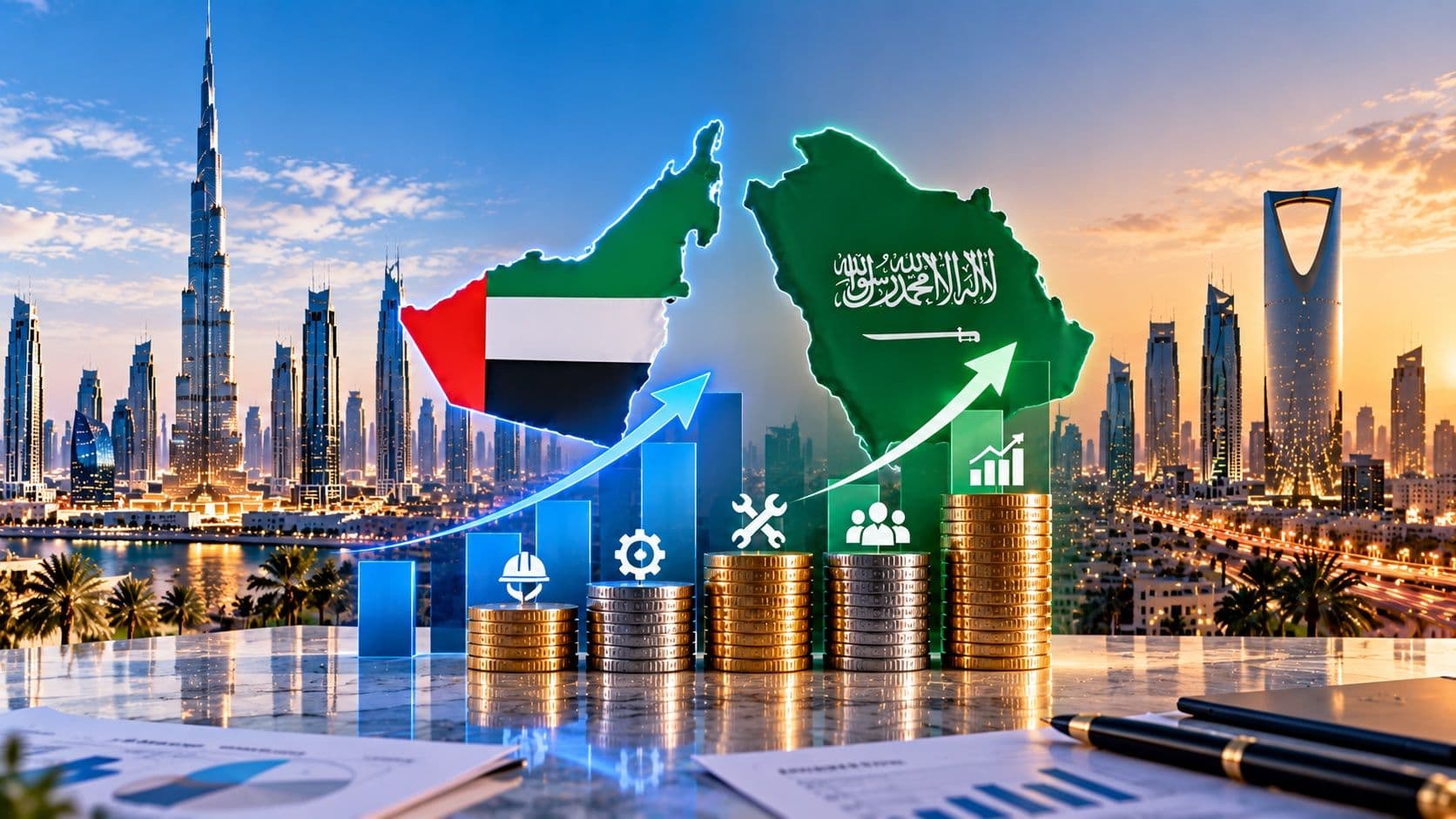 UAE and Saudi Arabia map outlines above rising bar charts and stacked coins, with the Dubai and Riyadh skylines