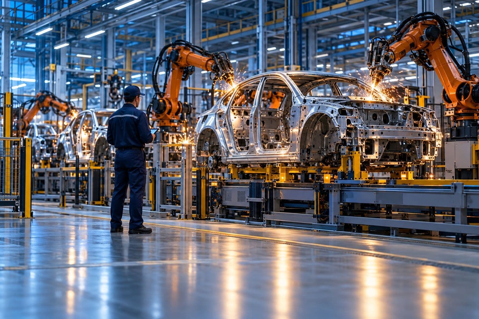 Robotic arms welding a car body on a production line as a technician looks on