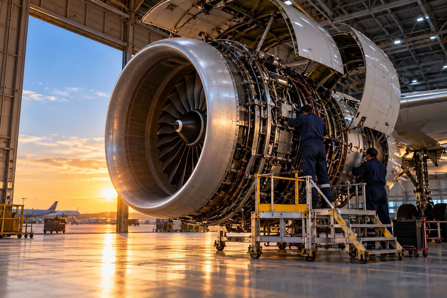 Two technicians working on an open jet engine in a maintenance hangar at sunset