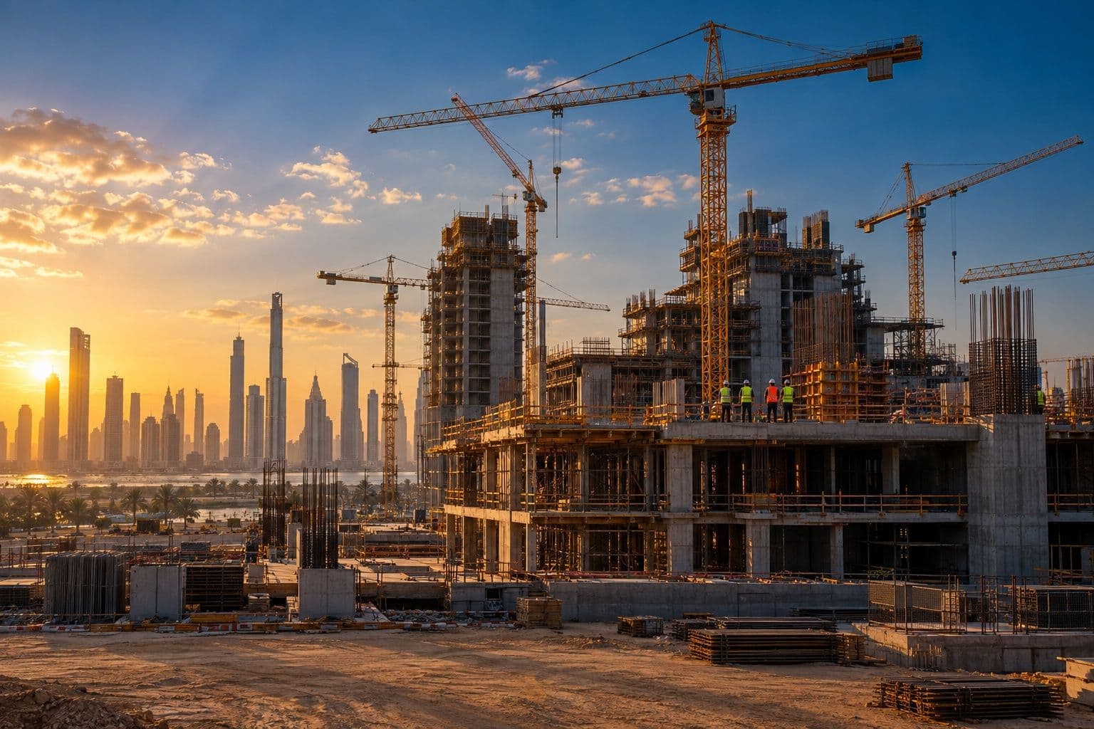 Tower cranes over high-rise construction at sunset, a Gulf skyline behind