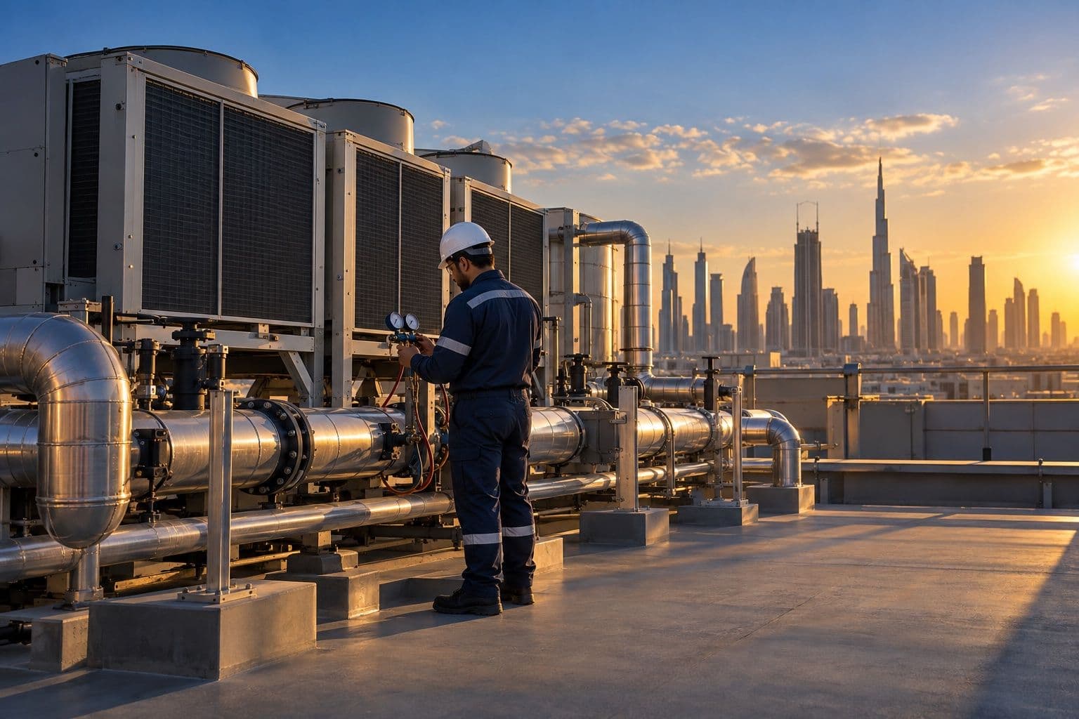 Technician checking gauges on rooftop chiller plant, a Gulf skyline behind