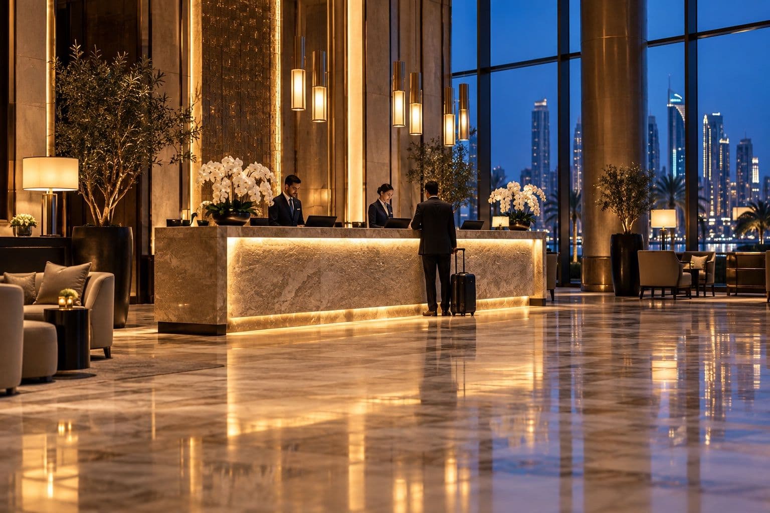 Hotel front-desk staff greeting a guest in an upscale lobby at dusk
