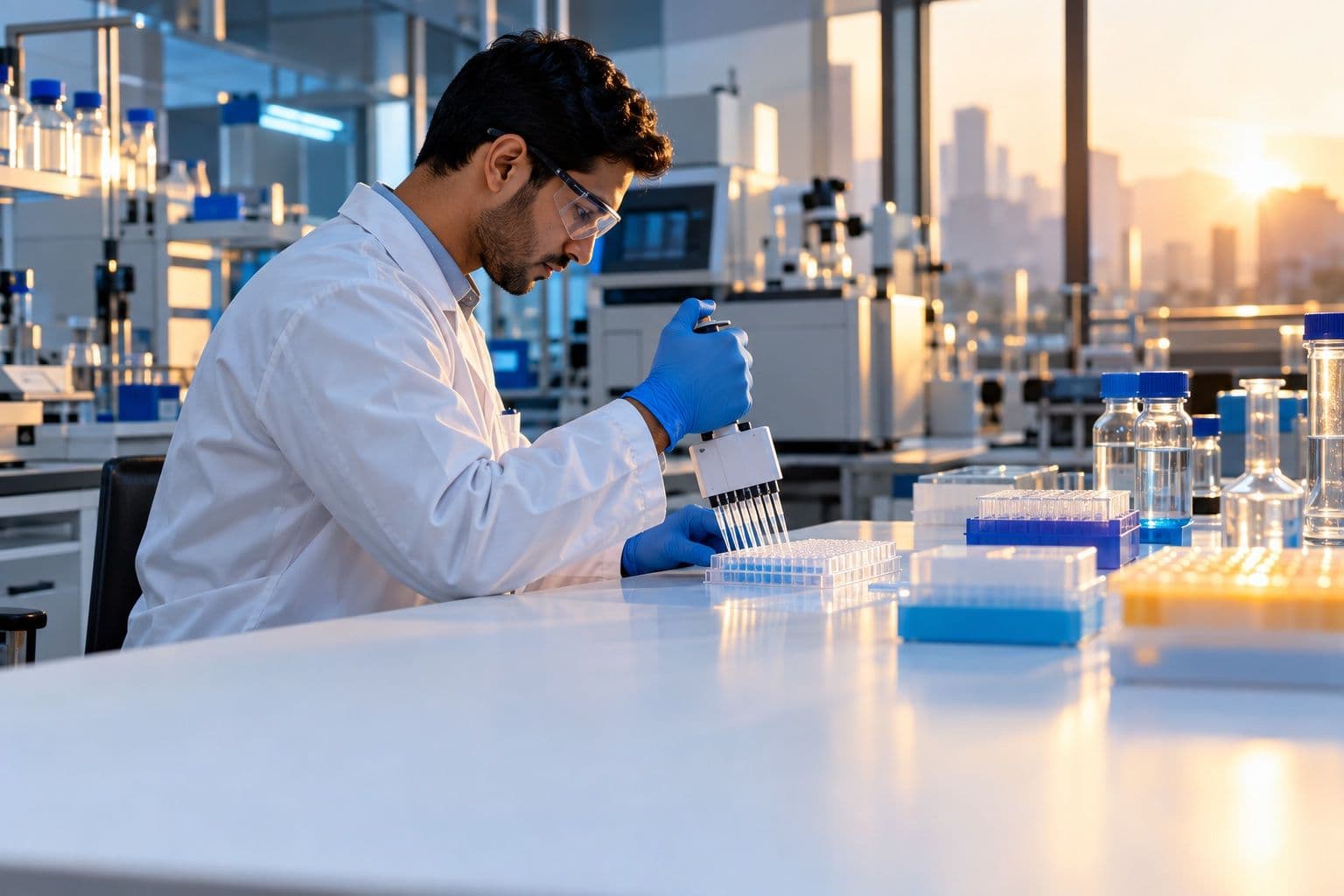 Scientist using a multichannel pipette at a laboratory bench