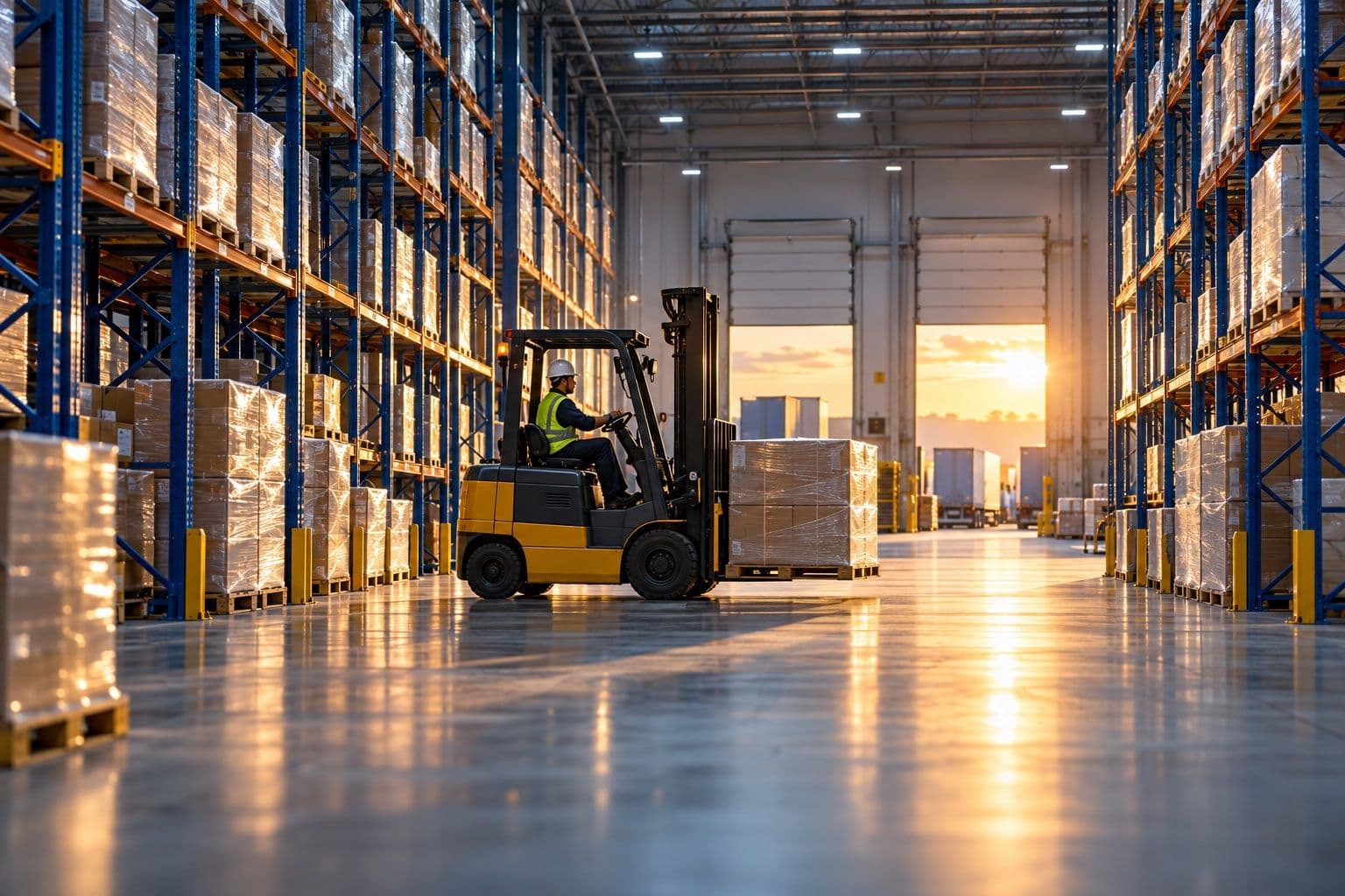 Forklift carrying a pallet through a warehouse aisle towards sunlit dock doors