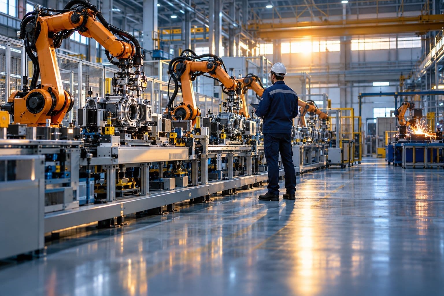 Engineer overseeing robotic assembly arms on a factory line