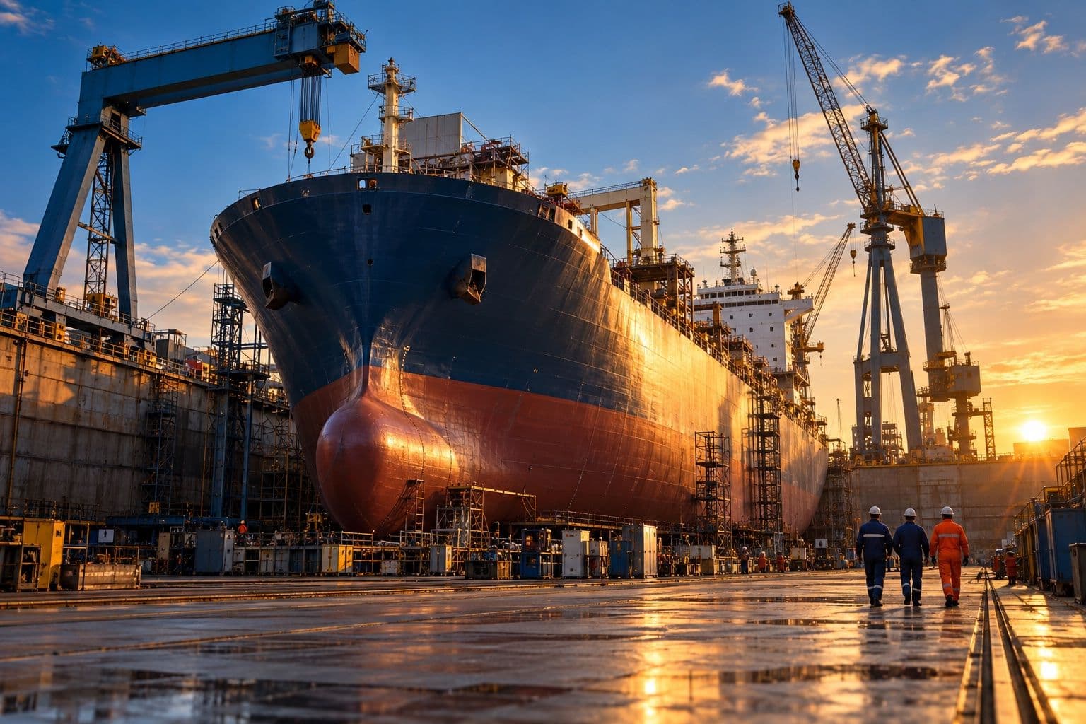 Cargo vessel in dry dock beneath gantry cranes at sunset