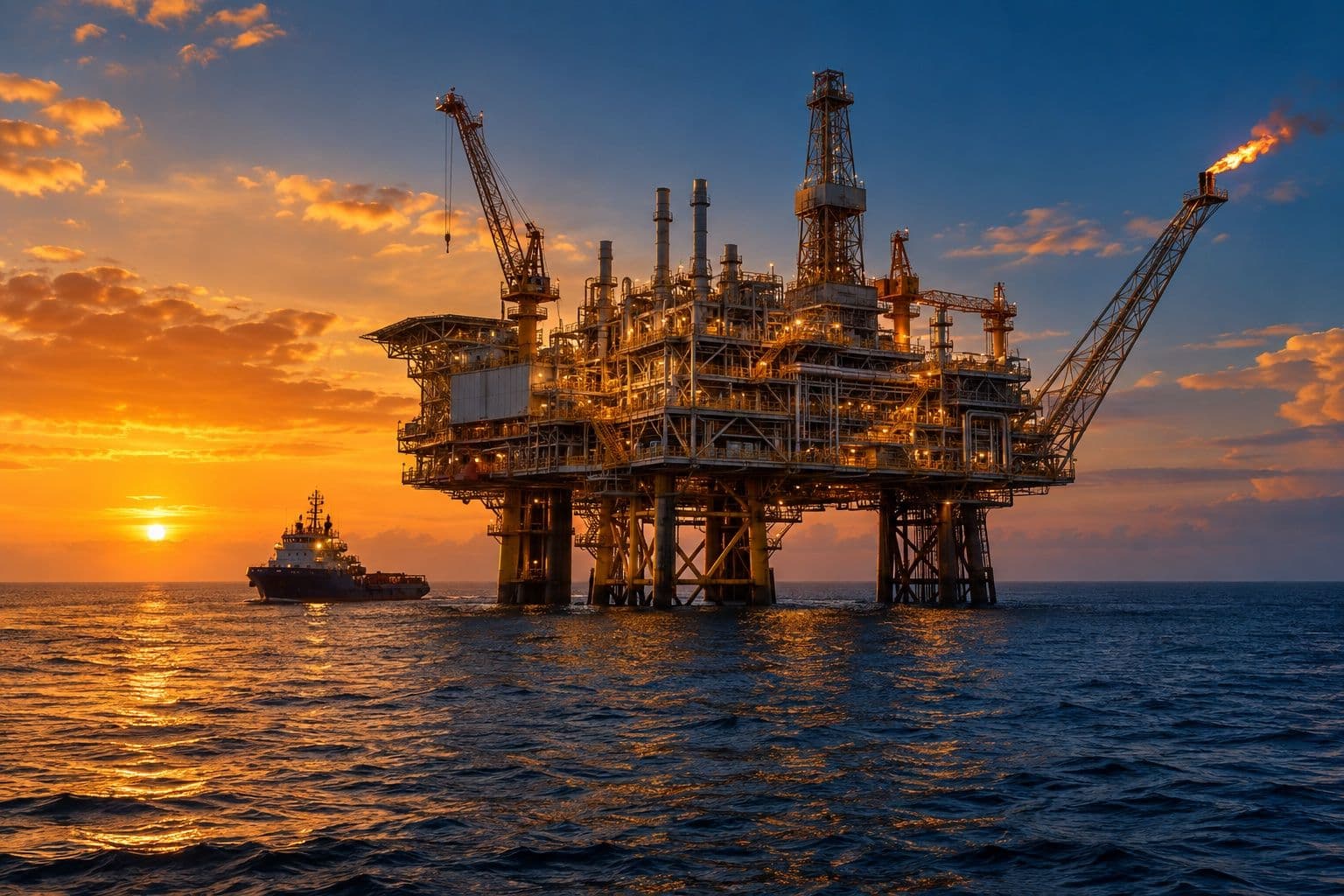 Offshore oil and gas platform with a supply vessel at sunset