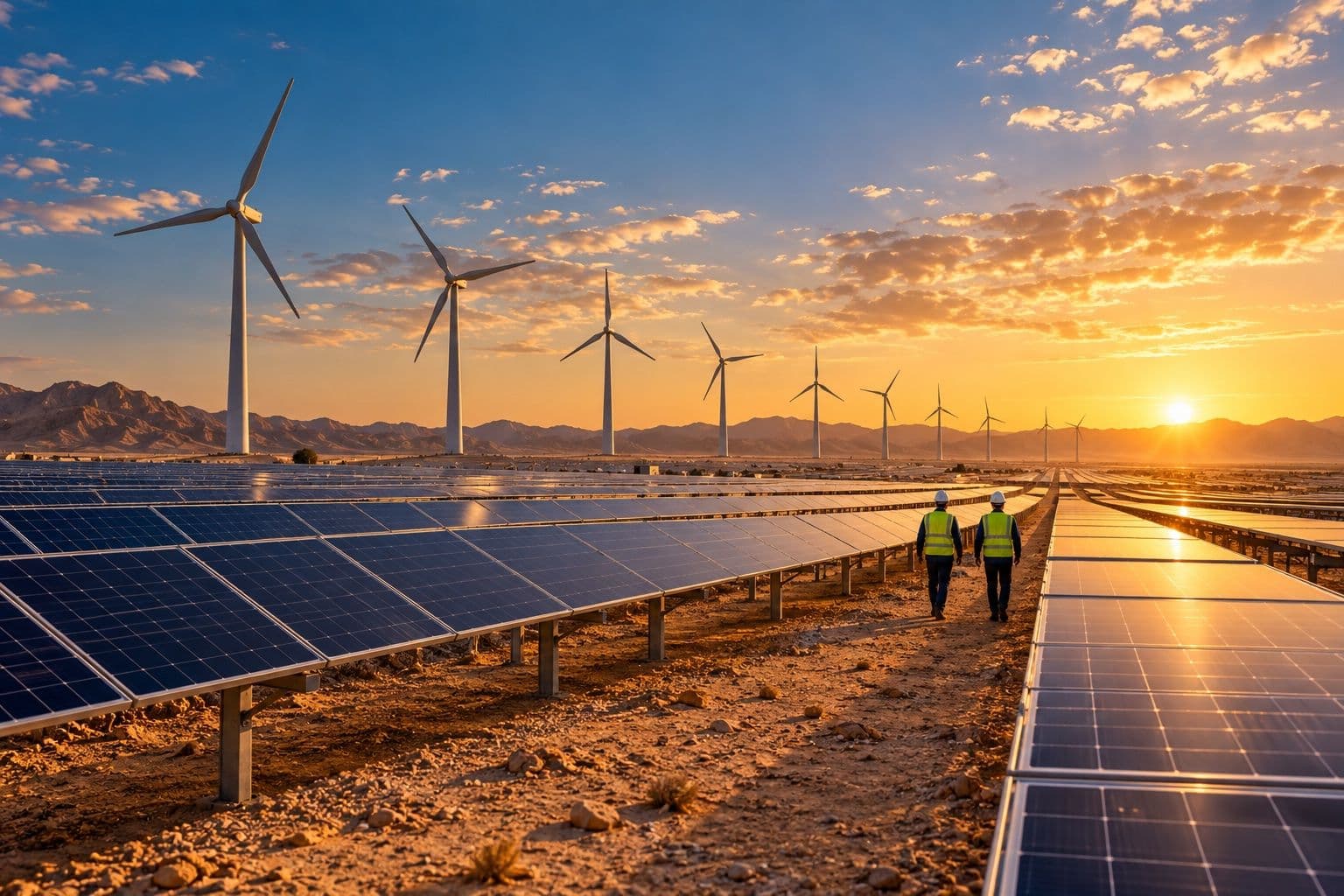 Two engineers walking between solar panel rows with wind turbines at sunset