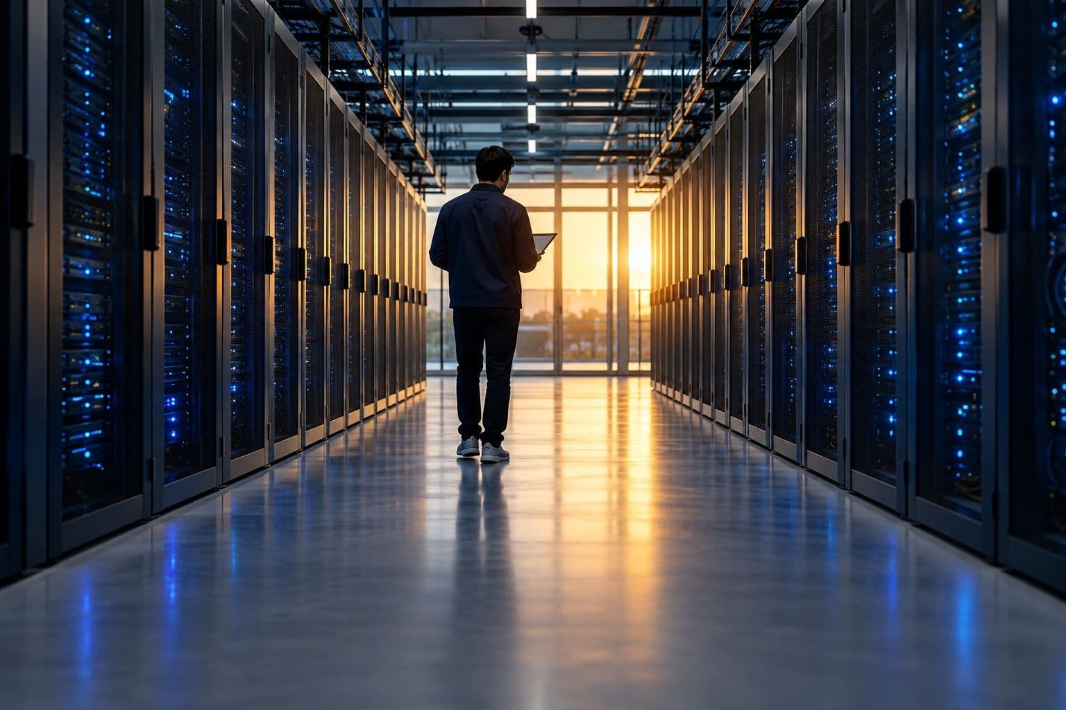 Engineer with a tablet walking a data centre aisle towards a sunlit window